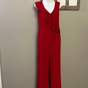 Bebe Red V-Neck Sleeveless Ruffled Wide Leg Back Zip-Up Jumpsuit- Size 6